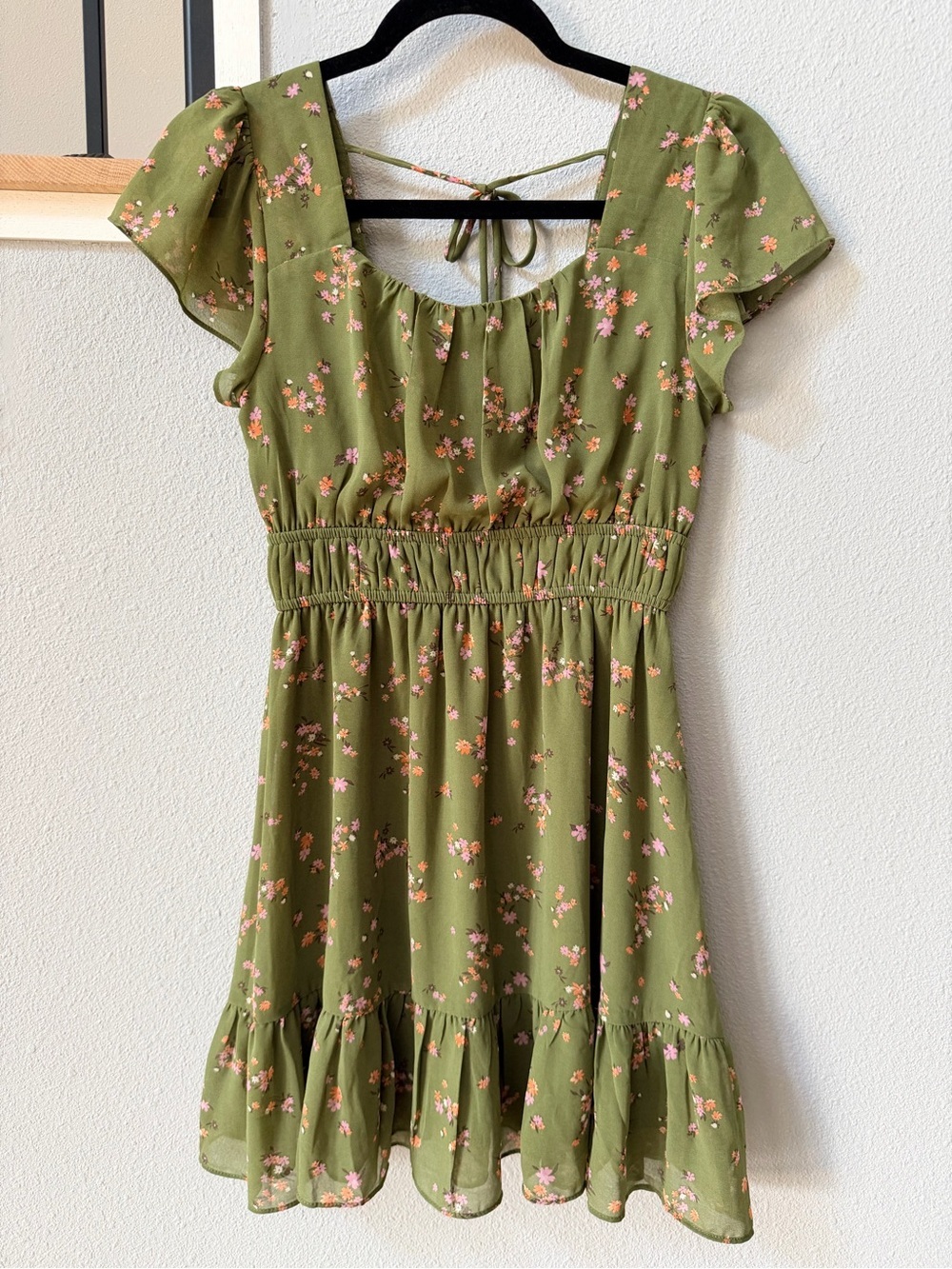 Altar'd State Olive Green Floral Smocked Mini Dress Tie Back